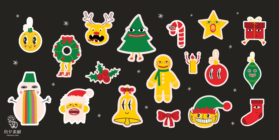圣诞节圣诞老人圣诞树姜饼屋平安夜元素贴纸图案AI矢量设计素材【011】